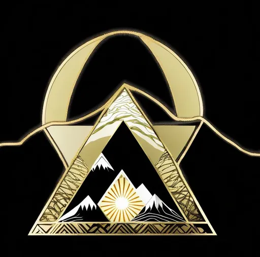 Prompt: Triangle on the symbol as a mountain, sun behind the mountain, some trees. Painted white, gold and green