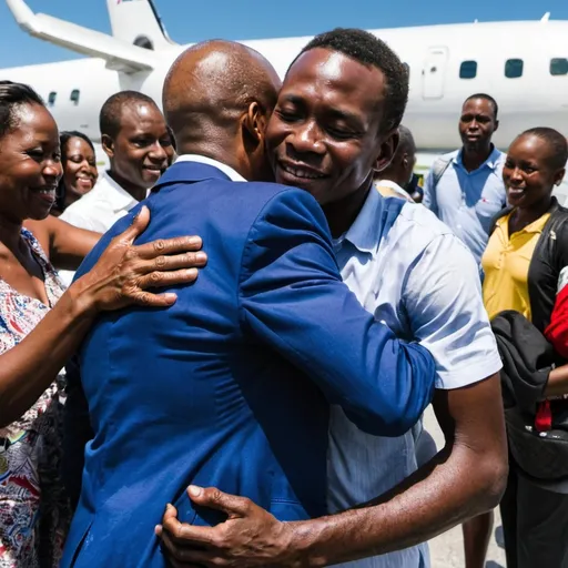 Prompt: an haitian man leaving haiti, embracing his parents before get on the plane to come to the usa
