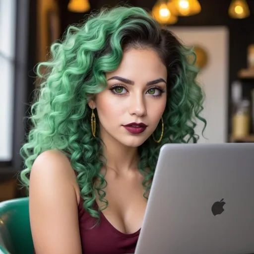 Prompt: mujer de cabello rizado  con rayos dorados latina trabajando en una laptop plata de ojos cafe claros con labios pintados  en color cereza enfrente un pueblito magico con cerros verdes