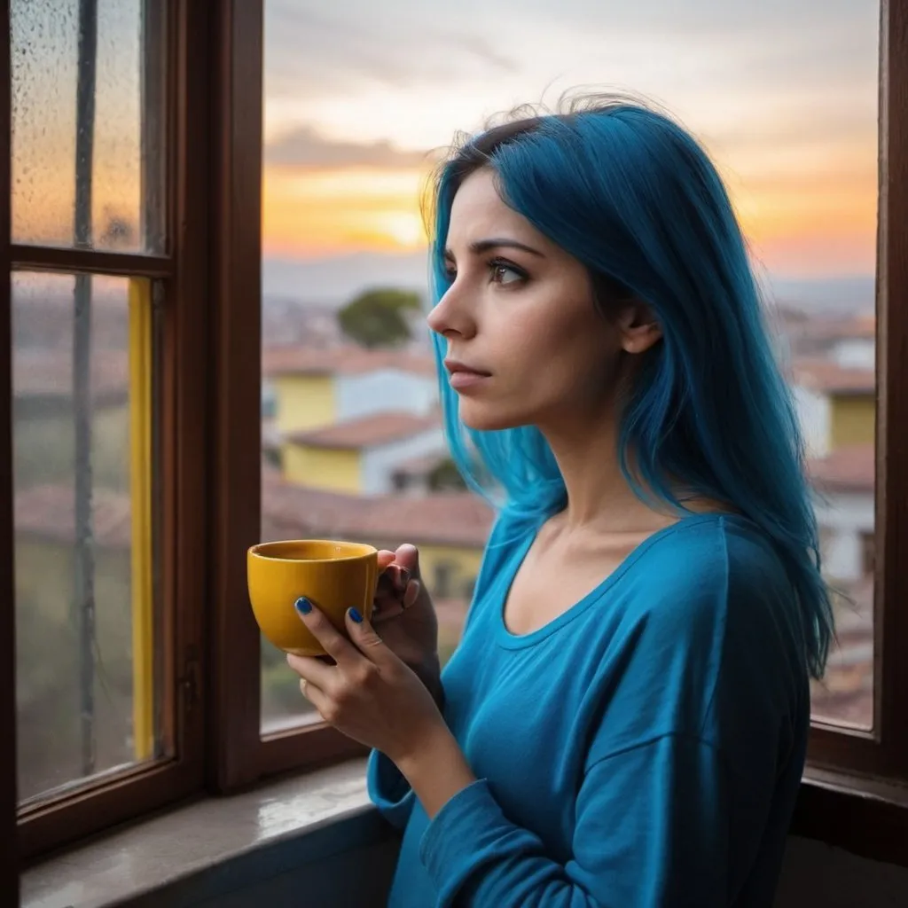 Prompt: mujer de cabello castaño de ojos azules  en la ventana de una casa viendo Midjourneyor fuera el ocaso del cielo entre rojizo y amarillo con una taza de cafe caliente
