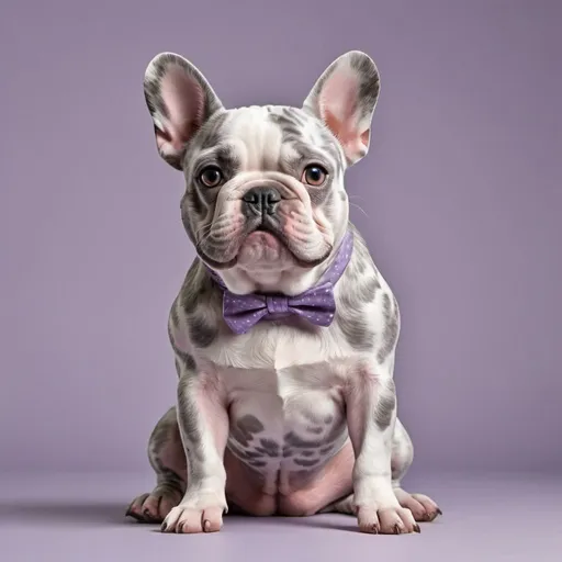 Prompt: a lilac merle french bulldog sitting upright with a smirk confident subtle smile in high resolution pixar quality fashion
