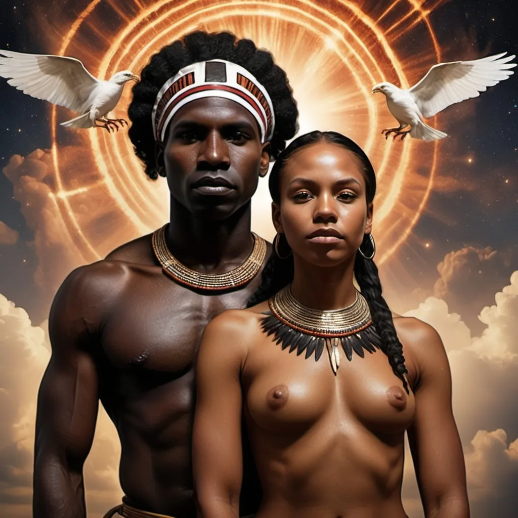 Prompt: a black indigenous man and woman as god