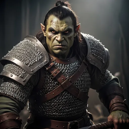 Prompt: Half-orc fighter in chain mail armor wielding a maul, mid-40s, high-res, dramatic lighting, heroic vibes, detailed facial features, fantasy, shadowy atmosphere