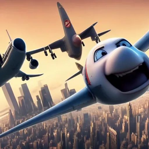 Prompt: A movie called planes were the twin towers are in the back and there’s a plane coming from it where they’re laughing and smiling happily