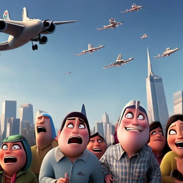 Prompt: A movie called planes were the twin towers are in the back and there’s a plane coming from it where they’re laughing and smiling happily