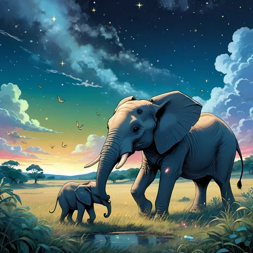 Prompt: digital artwork that marries "digital painting" with "fantasy illustration" and “1990s hand drawn anime” styles. capturing a detailed, vibrant landscape at night. 

Visualize texture-rich african Savanah under a radiant, starry sky, utilizing a palette of lush natural colors. 

Also visualize A baby elephant center image surrounded by natural lush Savanah and fire flies in the back ground. 

The style should emulate traditional painting techniques digitally, infused with fantastical elements like ethereal light effects and a mythical creature, evoking a dream-like atmosphere within this vivid digital creation.