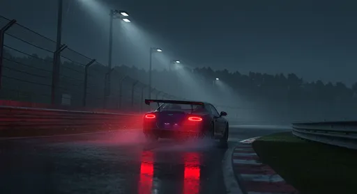 Prompt: A cinematic pixel art scene inspired by The Last Night, rendered in horizontal 16:9 album format. A rainy, dark daytime scene at Mount Panorama race track. The camera is low and tilted, cinematic-style, capturing a metallic deep purple Bentley GT3 — nearly black — as it speeds through a left-hand turn. Its red taillights glow and reflect in rain-soaked asphalt while sharp water spray rises from the rear tires. Lighting from overhead poles cuts through fog with volumetric shafts. The scene is layered with atmospheric parallax: foreground fencing, midground car, and mist-covered hills in the background. Rain should shimmer across surfaces, reflections must pulse, and light decay must behave cinematically. The entire image must be pure cinematic pixel art — no smoothing, no photorealism, no placeholder elements, no UI, no logos, and absolutely no text.
