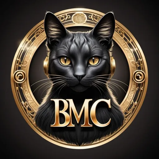 Prompt: High-quality digital illustration of a sophisticated cat logo with the alphabets BMC, elegant feline with musical elements, realistic fur texture, detailed musical notes incorporated in the design, regal and majestic stance, sleek and elegant design, professional, luxurious, gold and black color tones, detailed fur texture, musical notes, elegant design, sophisticated lighting.