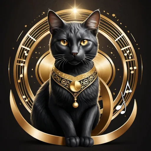 Prompt: High-quality digital illustration of a sophisticated cat logo for Beyond Music Catalog, elegant feline with musical elements, luxurious gold and black color scheme, realistic fur texture, detailed musical notes incorporated in the design, regal and majestic stance, sleek and elegant design, professional, luxurious, gold and black color tones, detailed fur texture, musical notes, elegant design, sophisticated lighting