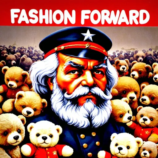 Prompt: Kawaii drawing of Karl Marx in USSR uniform , surrounded by teddy bears , and a big sign behind them saying "fashion forward the revolution".