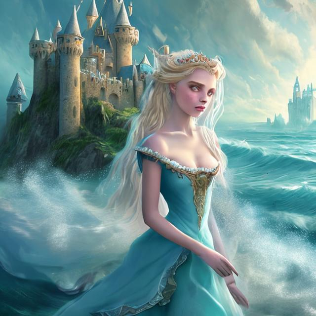 Prompt: 16th century fantasy, Blonde hair ocean colored eyes princess white blue light material dress, Castle by the shore in background, digital art concept character