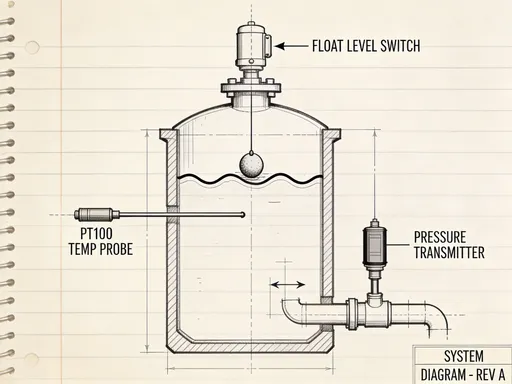 Prompt: A detailed technical blueprint line-art drawing, cross-section view of an industrial process tank system. The style is a vintage engineering sketch with fine dark ink lines, resembling a hand-drawn diagram on a notebook page. Inside the tank, a wavy line indicates the water level.
Specific sensor placements shown clearly:
Top: A float level switch assembly mounted on the top flange, with its float resting on the water surface. Label it with an arrow: 'FLOAT LEVEL SWITCH'.
Left Side: A head-type PT100 temperature sensor probe is inserted horizontally through the tank wall into the water. Label it: 'PT100 TEMP PROBE'.
Right Side: An outlet pipe extends from the lower right side of the tank, and a pressure transmitter is mounted vertically directly onto this pipe. Label it: 'PRESSURE TRANSMITTER'.
Include subtle technical dimension lines, flow arrows on the pipe, and a title block in the corner that reads 'SYSTEM DIAGRAM - REV A'. No shading, no gradients, extremely clean flat 2D architectural drawing style. Transparent background. High resolution.