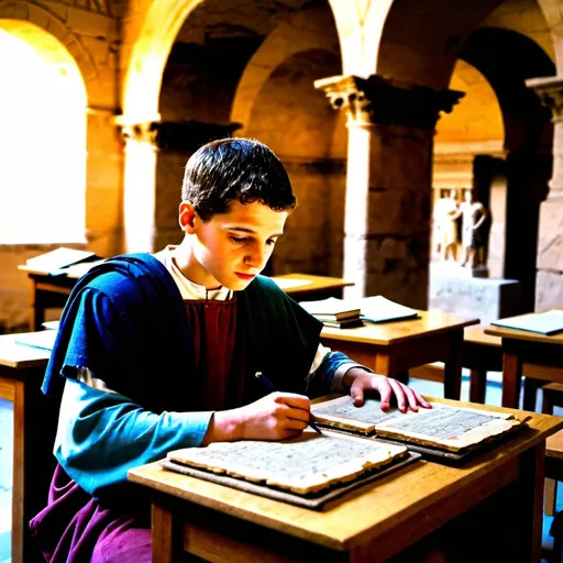 Prompt: A roman student during a lesson with his Master, in a classroom, with ancient roman architecture. There are papyri, tablets, and other learning material.