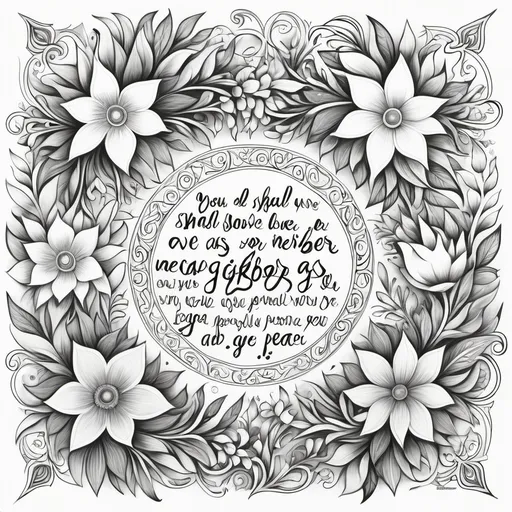 Prompt: Create a detailed coloring page that incorporates the quote 'You shall love your neighbor as yourself' (Leviticus 19:18) in elegant calligraphy. Surround the quote with intricate designs, including symbols of peace such as doves, olive branches, and stars of David. Add floral patterns and geometric shapes to enhance the complexity and beauty of the page, making it a relaxing and meditative coloring experience."