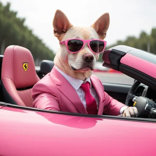 Prompt: A pink dog wearing sunglasses in a suit driving a ferarri