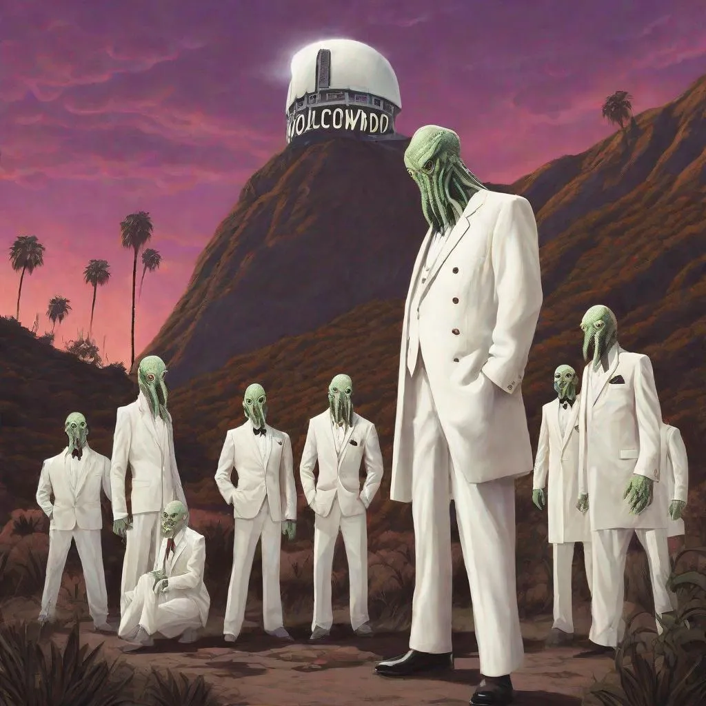 Prompt: a Lovecraftian cult led by a man in a white suit, standing in front of the Hollywood sign
