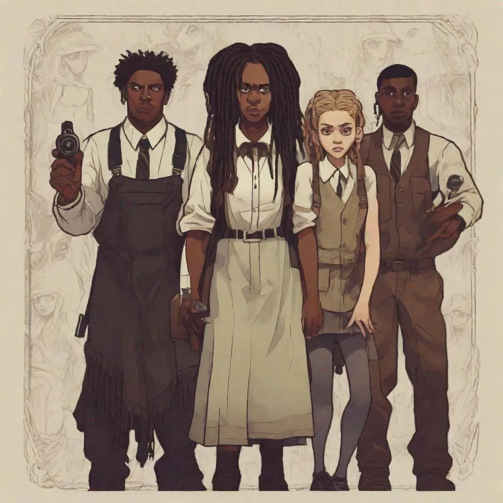 Prompt: a family of Lovecraftian ghost hunters. A black woman with dreads, a white man in a brown suit,  a white teenage girl, and black teenage boy wearing suspenders. 