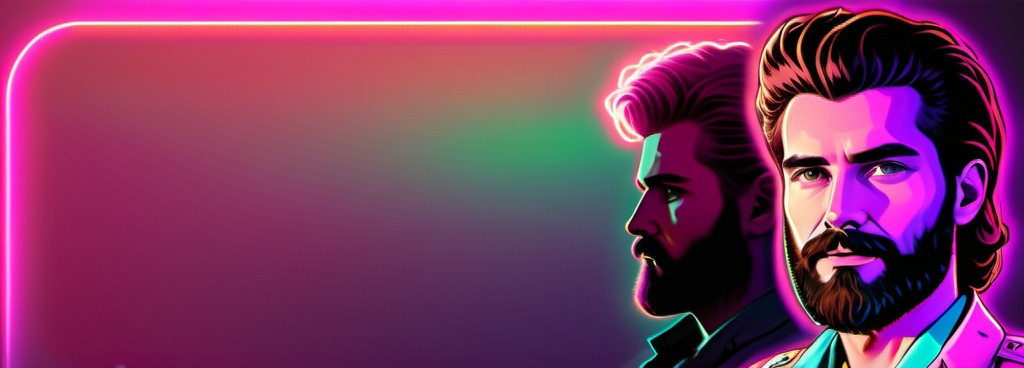 Prompt: Retrowave style. The background turns into space. A bushy bearded wild man with astronaut ancestry gazes into the futre 