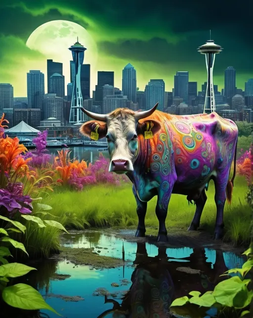 Prompt: swamp cow seattle psychedelic