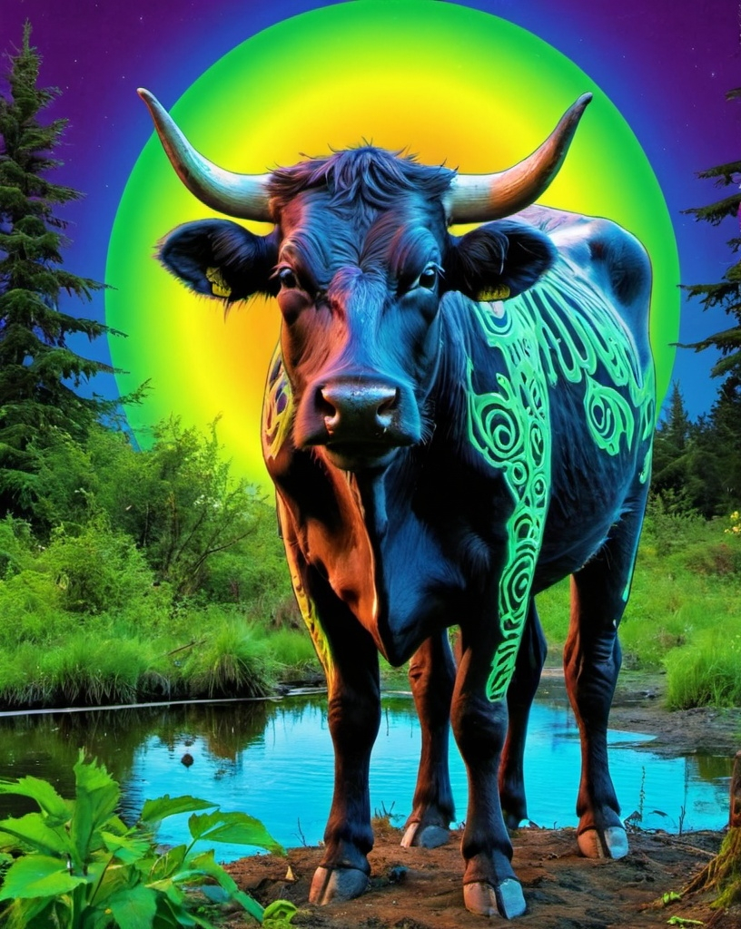 Prompt: swamp cow seattle psychedelic