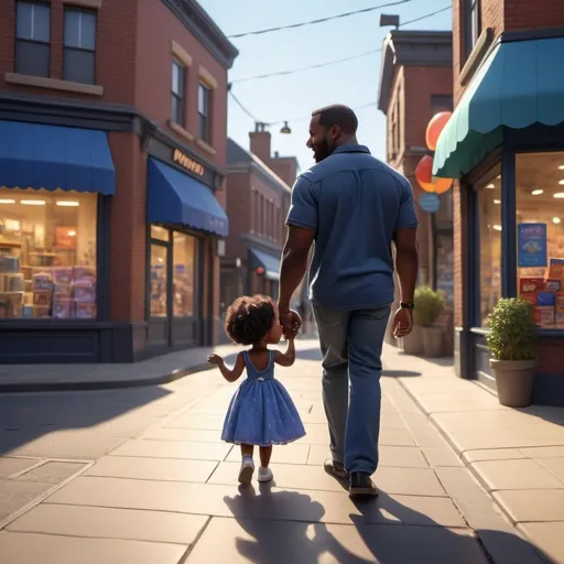 Prompt: happy black girl toddler and average black dad, walking together, passing the shops, dress, 90s outfits, blue, happy moment, warm, wide shot of surroundings, Pixar, emotional, high quality, detailed, realistic, bright lighting, urban setting, 90s setting