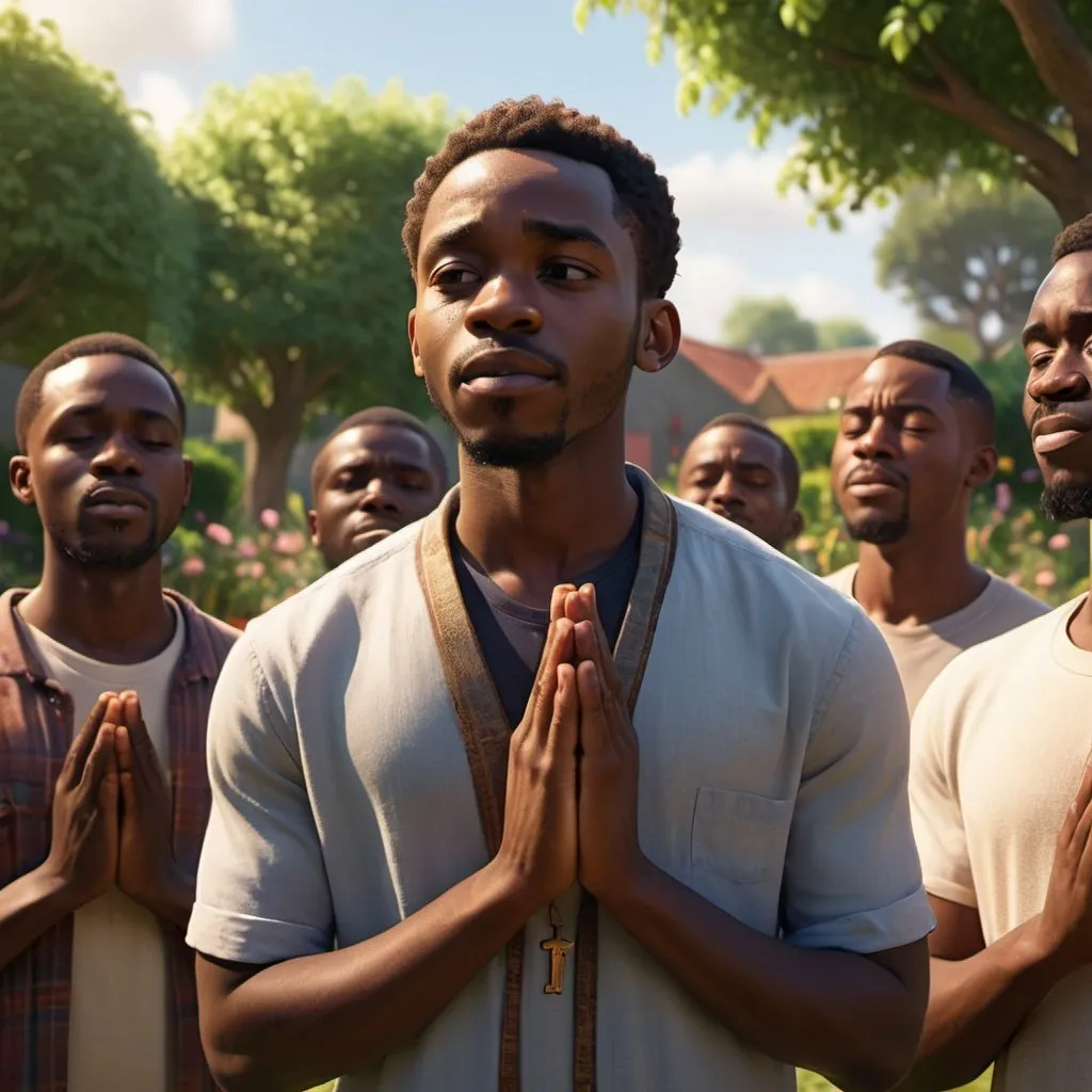 Prompt: an black african men praying looking happy, in a garden surrounded by praying other men, cinematic, modern clothes, 32k UHD, Pixar, bathed in warm light, mesmerizing colours, the cross in the background, hyperrealistic, octane render, dynamic lighting
