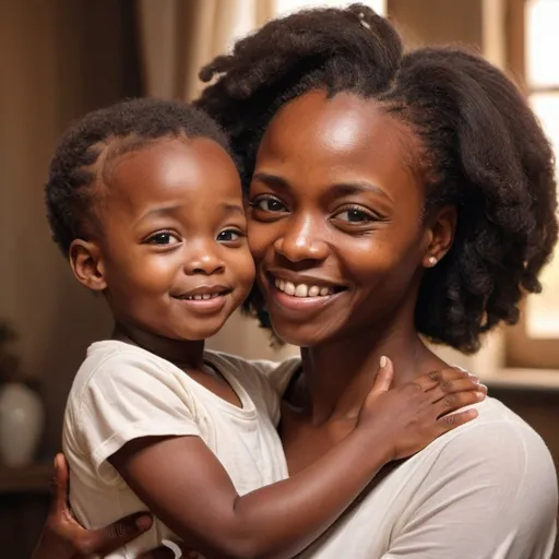 Prompt: Bantu Black mother love for a kid , a kind subtle happy mother holding her child with love and affection in her beautiful hands, the child looking at her, smiles, warm, emotional, high quality, detailed, realistic, bright lighting, 90s setting, 20th century