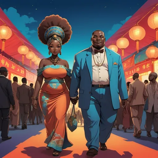 Prompt: Illustration of a wealthy chubby African woman and man in Chinese anime style, walking at a colorful afrofuturistic festival during twilight, atmospheric color washes, harlem renaissance, kimoicore, portrait, high detail, anime, afrofuturism, wealthy, colorful, twilight, harlem renaissance, kimoicore, festival, atmospheric lighting, dark bronze, sky-blue