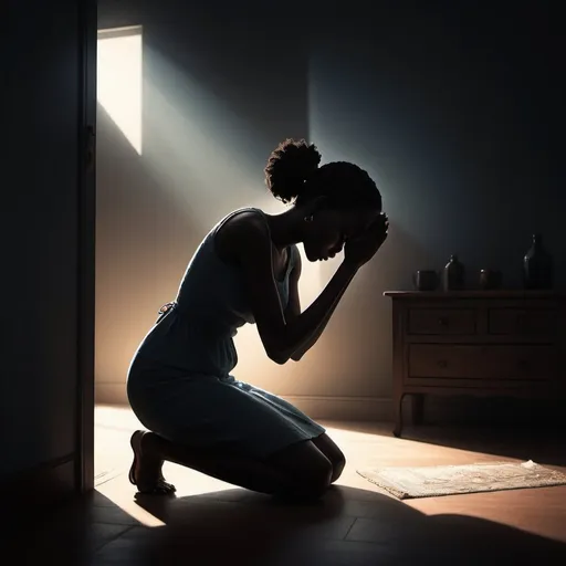 Prompt: digital illustration of a african woman in silhouette, bowing in prayer, upset expression, domestic setting, minimalistic style, high contrast, emotional atmosphere, moody lighting, melancholy, ennui, nighttime, shadows, grunge,  Pixar, emotional, high quality, detailed, realistic, soft lighting, cool tones