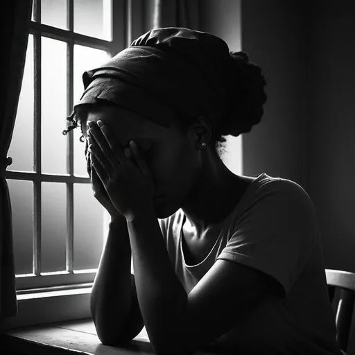 Prompt: Mono-tone digital illustration of a african woman in silhouette, head in hands, upset expression, domestic setting, window background, minimalistic style, high contrast, emotional atmosphere, grayscale, moody lighting, melancholy, ennui, nighttime, shadows, grunge,  Pixar, emotional, high quality, detailed, realistic, soft lighting, cool tones, 