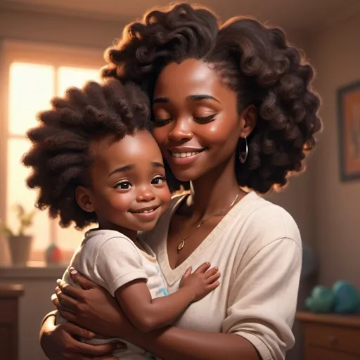 Prompt: Black mother love for a kid , a kind subtle happy mother holding her child with love and affection in her beautiful hands , the child with beautiful eyes closed at her, smiles, together, 80s outfits, warm, Pixar, emotional, high quality, detailed, realistic, bright lighting, 90s setting, afrofuturism, 20th century