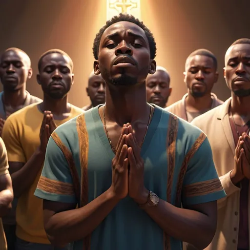 Prompt: an black african men worshipping  surrounded by praying other men, cinematic, modern clothes, 32k, Pixar, bathed in warm light, mesmerizing colours, the cross in the background, hyperrealistic, octane render, dynamic lighting
