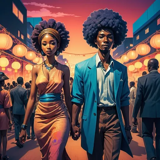 Prompt: Illustration of a average African woman and man in Japanese anime style, walking at a colorful afrofuturistic festival during twilight, atmospheric color washes, harlem renaissance, kimoicore, portrait, high detail, anime, afrofuturism, wealthy, colorful, twilight, harlem renaissance, kimoicore, festival, atmospheric lighting, dark bronze, sky-blue