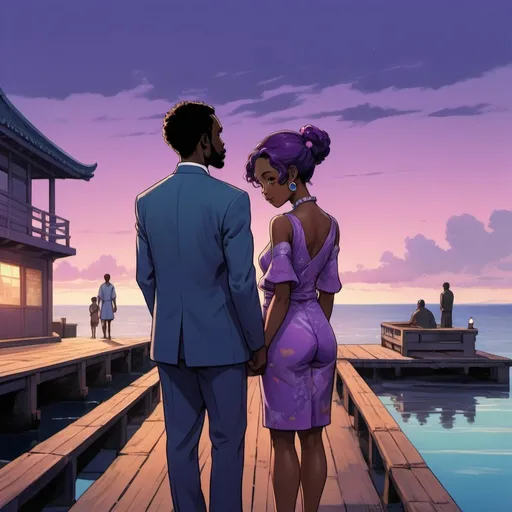 Prompt: Meadows in afrofuturism, Japanese anime art, wealthy portraiture, colorful, kimoicore, harlem renaissance, atmospheric color washes, african tall, chubby woman and short man in the style of chinese anime, in standing on a dock near the ocean, twilight, dark bronze and purple and sky-blue, blink-and-you-miss-it detail, illustration, portrait, high detail , in the style of lomo lc-a, poolcore, photo-realistic landscapes, transavanguardia, candid moments 