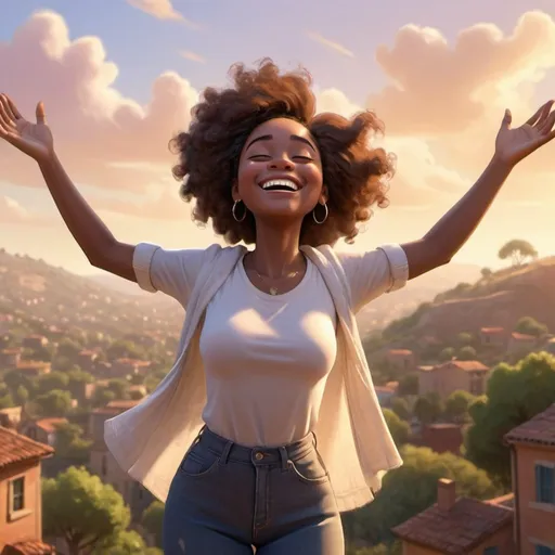 Prompt: A black woman smiling, eyes closed, hands reaching up to the sky, with breeze blowing clothes back, warm lighting, high quality, freedom scene, modern clothes, landscape view, 32k, Pixar, embracing lighting, translucent cross in background
