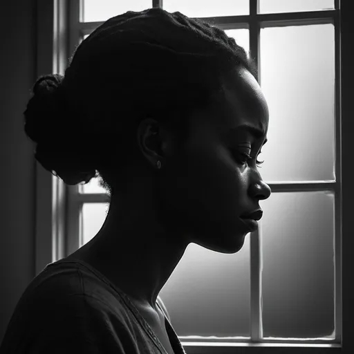 Prompt: digital illustration of a african woman in silhouette, head looking down, upset expression, domestic setting, window background, minimalistic style, high contrast, emotional atmosphere, grayscale, moody lighting, melancholy, ennui, nighttime, shadows, grunge,  Pixar, emotional, high quality, detailed, realistic, soft lighting, cool tones