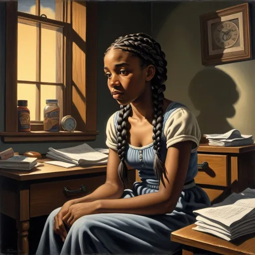 Prompt: “Young black student, braids, in her dorm at one o’clock in the morning” painted by Thomas Hart Benton, 1994, dark, sad, melancholy, ennui, nighttime, shadows, grunge,  Pixar, emotional, high quality, detailed, realistic, soft lighting, cool tones, 
