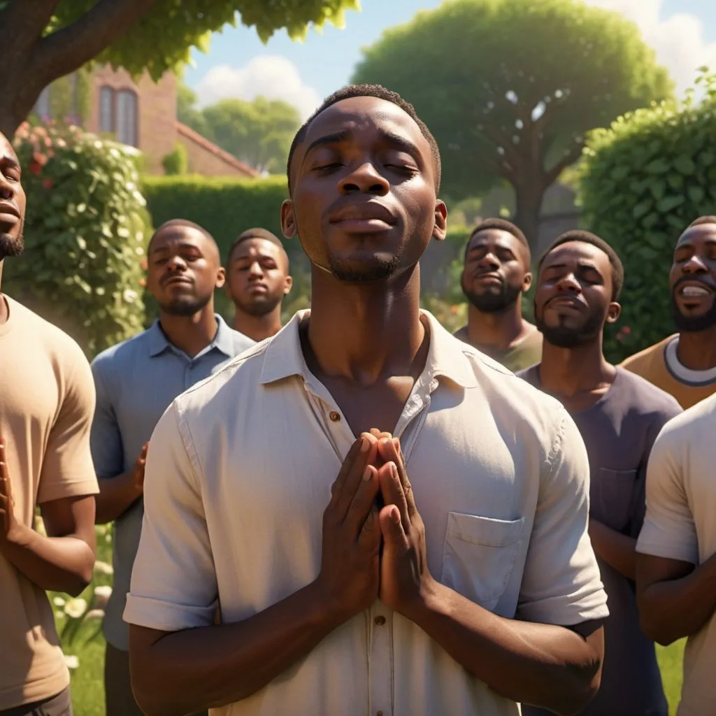 Prompt: an black african men praying looking happy, in a garden surrounded by praying other men, cinematic, modern clothes, 32k UHD, Pixar, bathed in warm light, mesmerizing colours, the cross in the background, hyperrealistic, octane render, dynamic lighting
