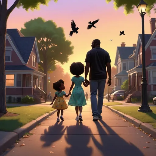 Prompt: black mom, black girl toddler and chubby black dad, walking together, passing the park, dress, 90s outfits, vibrant, birds silhoutte, happy moment, warm, Pixar, emotional, high quality, detailed, realistic, bright lighting, urban setting, 90s setting, not facing camera, view across the street