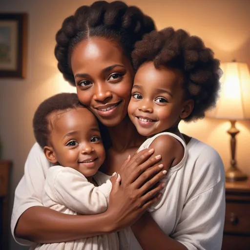 Prompt: Black mother love for a kid , a kind subtle happy mother holding her child with love and affection in her beautiful hands , the child with beautiful eyes looking at her, smiles, together, 80s outfits, warm, emotional, high quality, detailed, realistic, bright lighting, 90s setting, 20th century
