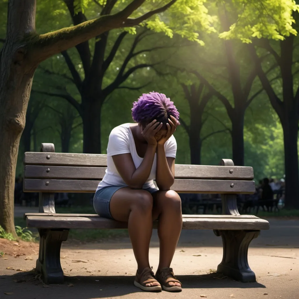 Prompt: black woman sitting on a weathered bench, holding head down with both hands, tired, surrounded by towering trees and the silhoutte of people around and behind bench, vulnerability, strength, black woman, adversity, emotions, complexity, grief, support, dark hues, with hints of green for growth, touches of yellows or purples for contrast and depth, Pixar