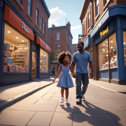 Prompt: happy black girl toddler and average black dad, walking together, passing the shops, dress, 90s outfits, blue, happy moment, warm, wide shot of surroundings, Pixar, emotional, high quality, detailed, realistic, bright lighting, urban setting, 90s setting