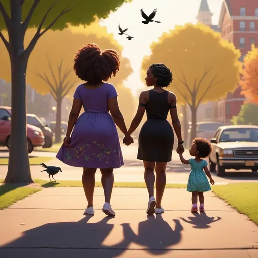 Prompt: black mom, black girl toddler and chubby black dad, walking together, passing the park, dress, 90s outfits, vibrant, birds silhoutte, happy moment, warm, Pixar, emotional, high quality, detailed, realistic, bright lighting, urban setting, 90s setting, not facing camera, view across the street