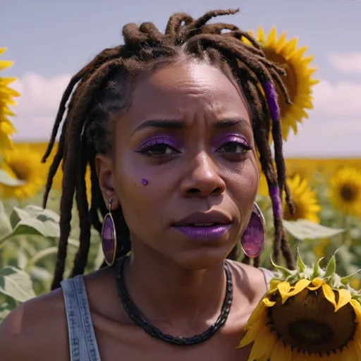 Prompt: cinematic shot, extreme close up dolly shot on a stylish black woman with dreads, crying, standing on a purple hill, sunflowers, detailed, great skin texture, professional shot, precise