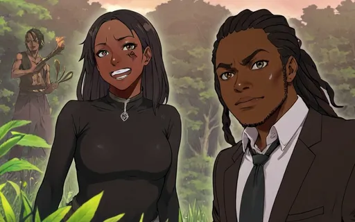 Prompt: anime style, demon slayer anime, brown skin, african, nature background