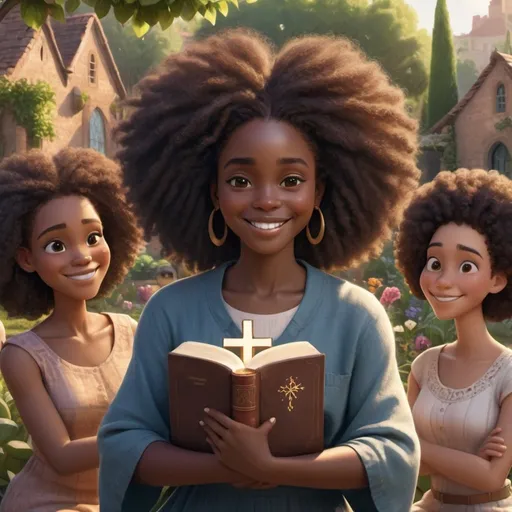 Prompt: an black african woman, afro hair, looking happy holding the bible, seated in a garden in front of 4 women of different races, show the bible cover with a cross. The one of the women is hugging another, radiate warmth, unity, cinematic, mystical, 32k UHD, Pixar