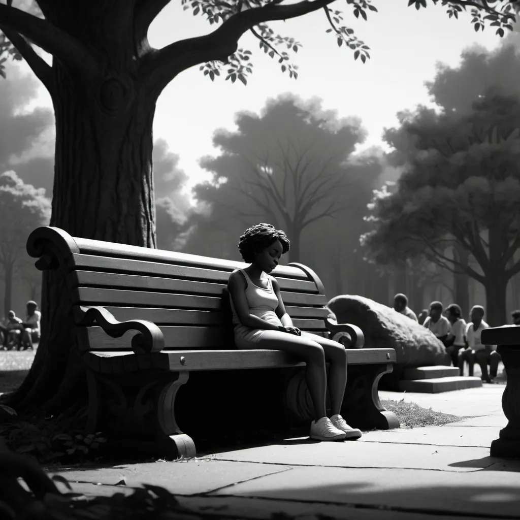 Prompt: black woman lying on her side a weathered bench, in fetus position, tired, surrounded by towering trees and the silhoutte of people around and behind bench, grief, support, dark hues,  Pixar, b&w