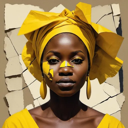 Prompt: a collage image made from recycled paper shows a woman in yellow, in the style of art of the ivory coast, cracked, deconstructed pop, strong contrast, chiaroscuro, split toning, kinuko y. craft, digitally enhanced