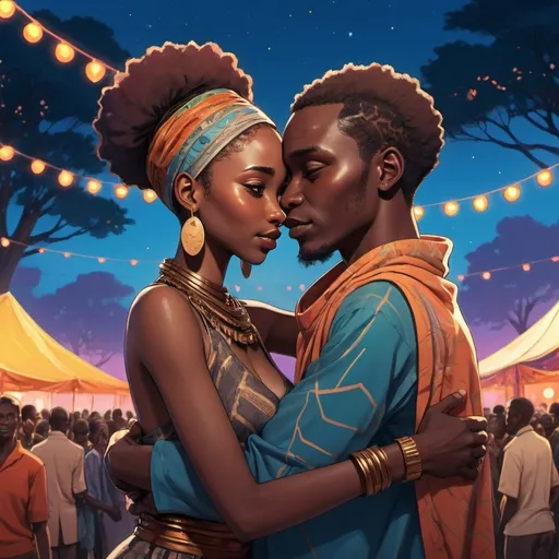 Prompt: Illustration of African woman and man in Kenyan anime style, hugging at a colorful afrofuturistic festival during twilight, atmospheric color washes, harlem renaissance, kimoicore, portrait, high detail, anime, afrofuturism, wealthy, colorful, twilight, harlem renaissance, kimoicore, festival, atmospheric lighting, dark bronze, sky-blue, emotional, high quality, detailed, soft lighting