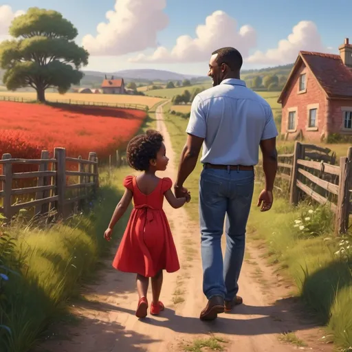 Prompt: happy black girl toddler and average black dad, walking together, passing the countryside, red dress, blue, happy moment, warm, wide shot of surroundings, Pixar, emotional, high quality, detailed, realistic, bright lighting, country setting